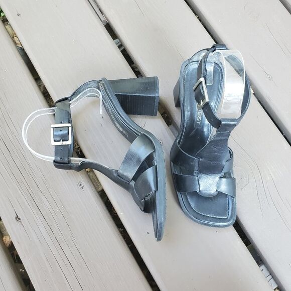 Vintage 90s y2k Black Leather Greek Fisherman Chunky Heeled Caged Jesus Sandals - Picture 1 of 9